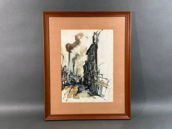 Vintage Mid-Century Original Watercolor On Paper, Cityscape, Signed