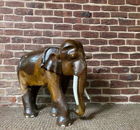 Large Carved Exotic Wood African Elephant With Tusks