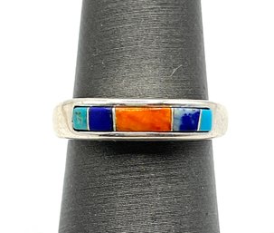 Vintage Native American WJ Sterling Silver Turquoise/coral Inlay Ring, Size 6