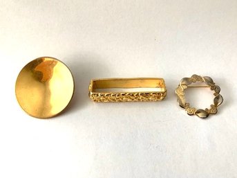 Lot Of 3 Gold-Tone Pieces: Pin Brooch, Clip Pin, Scarf Holder
