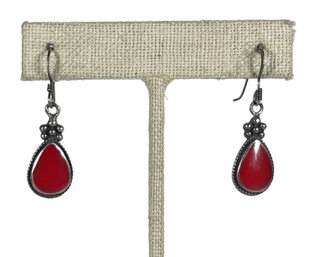 Pair Red Stone Drop Pierced Earrings Sterling Silver