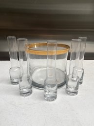 Blown Crystal Cellini By I. Godinger Ice Bucket 24kt Gold Rim And 5 Vodka Shot Glasses 6in No Chips