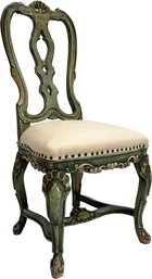 A Portuguese Carved Wood Side Chair Newly Painted With Khaki Leather Seat And Nailhead Trim