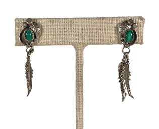 Green Turquoise Sterling Silver Pierced Earrings W Feathers