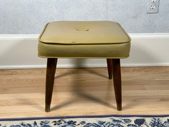 A Great MCM Stool With A Square Button-Tufted Seat & Brass Capped Tapered Legs