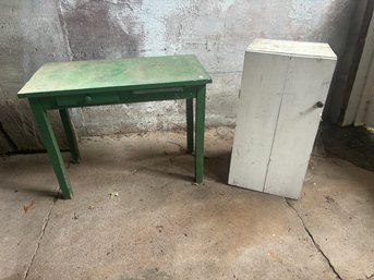 ANTIQUE GREEN PAINTED WORKSTAND AND A WHITE PAINTED CHEST