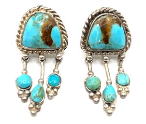 Gorgeous Vintage Native American Sterling Silver Turquoise Ornate Dangle Earrings