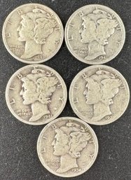 Lot Of 5 Mercury Dimes Miscellaneous Dates