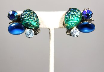 Signed Beaujewels Rhinestone Glass Clip Earrings Vintage