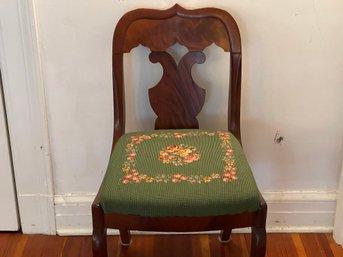 Antique Walnut Side Chair With Green Needlepoint Seat With Floral Design
