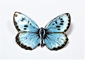 Fine Antique Enamel On Copper Butterfly Brooch Pin In Blue