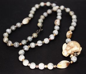 34' Long Jasper Beaded Necklace Chinese Having Rabbit Carved Bone Netsuke Pendant