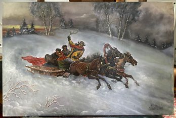 Horses In Snow Oil On Canvas Signed Santo Oszkar