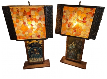 Pair Of Gilles Midcentury Asian Inspired Enameled Repousse  Copper Table Lamps -Albert Gilles