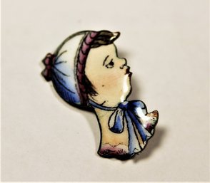 Antique Enamel On Copper Hand Painted Child's Face Brooch Pin