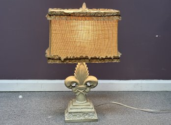 A Charming French Country Table Lamp, Fleur De Lis Body, Ruffled Burlap Shade