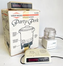 West Bend 22 Cup Coffee Pot In Original Box, Sony Clock Radio And A Cuisinart Mini Food Processor