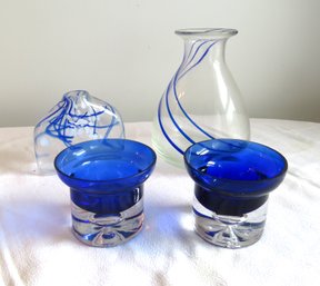 4 Piece Cobalt Art Glass 2 Vases & Pair Of Candle Holders