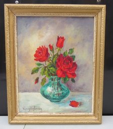 Oil On Board Still Life Of Roses In A Vase By Emmy Van Deven