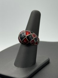 Black & Red Enamel Checkered Sterling Silver Ring