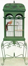 A Large Vintage Metal Bird Cage On Stand