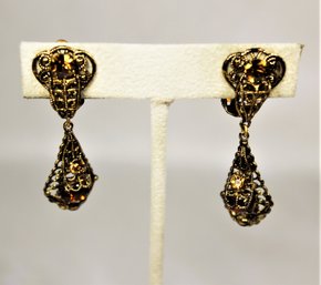 Vintage Gilt Brass And Glass Stone Clip Dangle Earrings