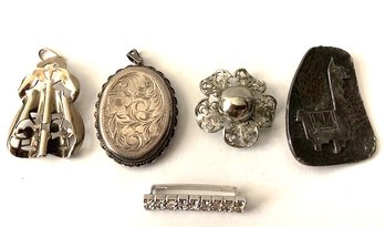 Lot Of 5 Silver-Tone Pieces: Two Pin Brooches, Locket, Reticulated Pendant, Scarf Holder