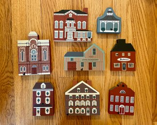 Collection Of Eight Signed Cat's Meow Village Wooden Buildings