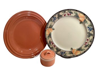 Just Peachy! Oneida Sugar Bowl With Lid, 1 Each Mikasa Intaglio Garden Harvest Plate & New Country Gear Plate