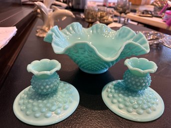 3 Pc. Turquoise  Hobnail Milk Glass