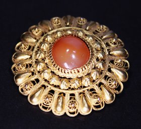 Antique Gold Over Silver Filigree Brooch Having Carnelian Stone