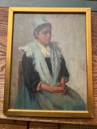 Beautiful Primitive Antique Realist Portrait Painting - Sitting Woman With Blue Shall And Perched Hat