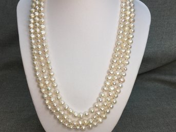 Gorgeous Genuine Cultured Triple Strand Baroque Pearl Necklace With Sterling Clasp - Very Pretty Piece