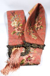 Beautiful Rose Colored Floral Needlepoint 56' Long Bell Pull Brass Mounts