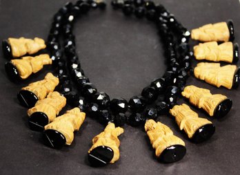 Super Fine Chinese Black Onyx Beaded Necklace Having Hand Carved Wood Netsuke Figures