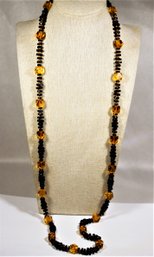 Flapper Era Amber And Black Glass Beaded Elongated Necklace 34' Long