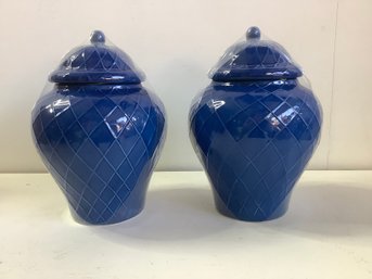 Blue Diamond Textured Pottery Jars Set Of 2 NEW