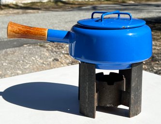 Mid Century Modern Blue Dansk Fondue Pot On Cast Iron Stand