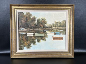 Original Landscape Oil On Canvas, Rowboats, Herman Latham Kent, Signed