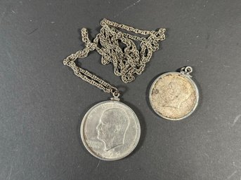 Silver 1972 Eisenhower Dollar & 1964 Kennedy Half-Dollar Pendants