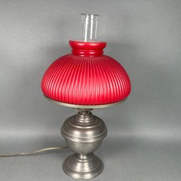 Stunning Vintage Red Hurricane Ribbed Glass Lamp