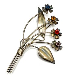 Gorgeous Vintage Sterling Silver Four Color Gemstone Flower Brooch