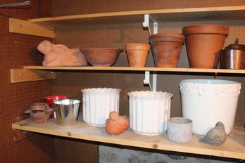 2 Shelves Of Potting Planters Etc - White Are 13 In