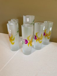 A Set Of Six Frosted Long Drink Glasses Hand Decorated With Pitcher Made In Italy