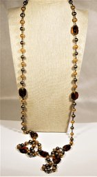 Flapper Era 1920s Faux Pearl And Amber Glass Beaded Necklace 48' Long