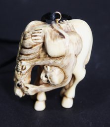 Hand Carved Signed Chinese Horse And Monkey Netsuke Pendant