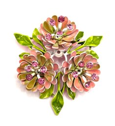 Amazing Vintage Hand Painted Enamel Pink Stones Flower Brooch