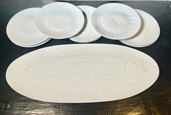 Dansk Int'l - Embossed Fish, White Porcelain Serving Platter Plus Seven Fish Plates