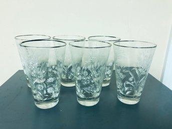 Vintage Libbey Set Of 6 Floral Frosted Embossed Drinking Glasses