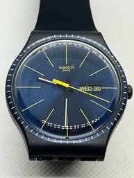 Sharp Looking SWATCH BLACK RAILS MEN'S WATCH- Day/date Swiss Made